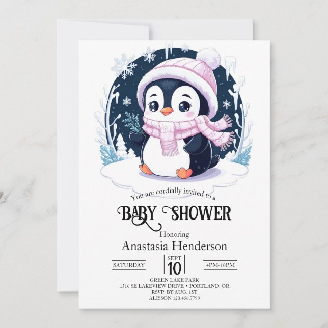 Invitación Pastel Snow Penguin Baby Shower (Anverso)