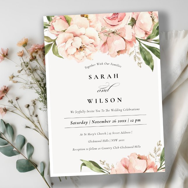 Invitación Pastel Soft Rubor Peach Peony Floral Boda (Subido por el creador)