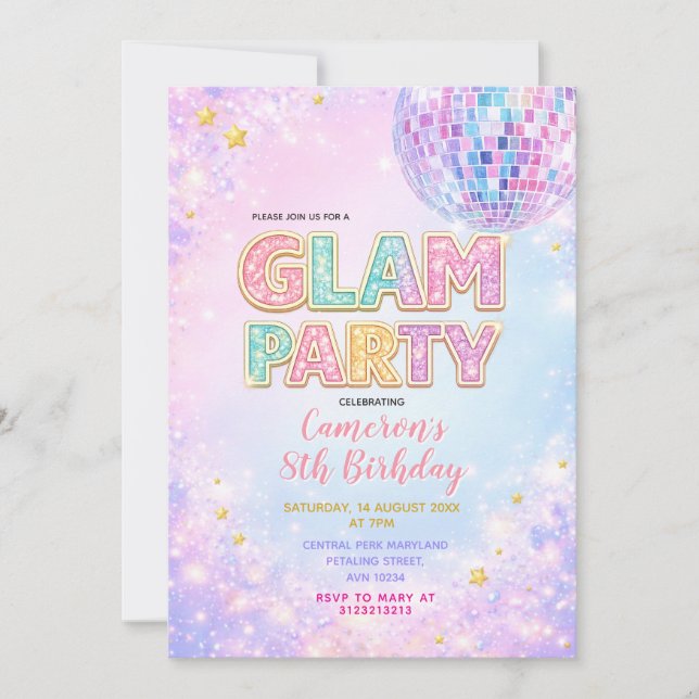 Invitación Pastel Sparkle Disco Glam Kids Birthday Party (Anverso)