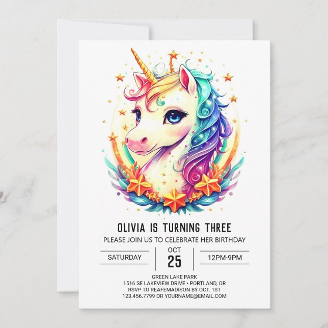 Invitación Pastel Sparkling Unicorn Cumpleaños (Anverso)