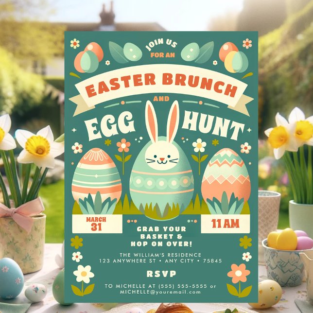 Invitación Pastel Spring Bunny Easter Egt Hunt & Brunch (Vintage Teal Easter Brunch Bunny Invitation)