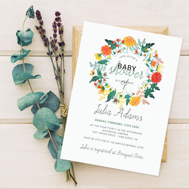 Invitación Pastel Spring Dahlia Wildflower Wreath Baby Shower (Subido por el creador)