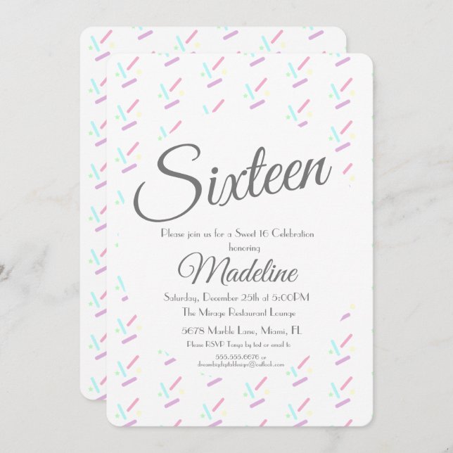 Invitación Pastel Sprinkles Helado Crema Fiesta Dulce 16 Quin (Anverso / Reverso)