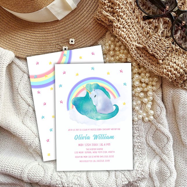 Invitación Pastel Stars Unicorn Rainbow Baby Shower (Pastel Stars Unicorn Rainbow Baby Shower Invitation)