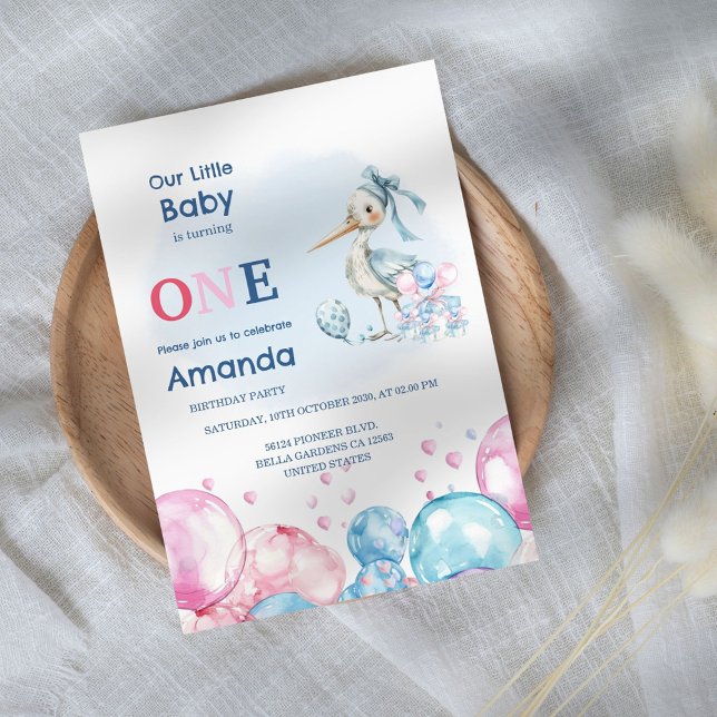 Invitación Pastel Stork y Globos Primer Cumpleaños (Subido por el creador)