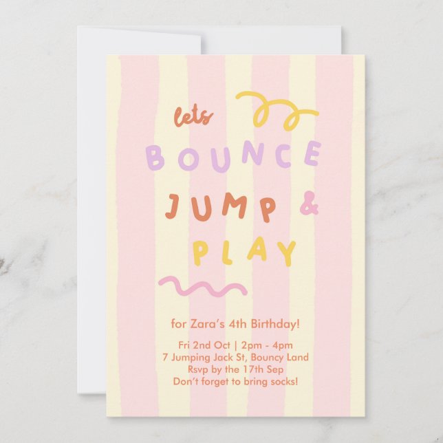 Invitación Pastel Stripe Girls Bounce Jump Play Party (Anverso)