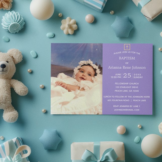 Invitación Pastel Stripes Lavender Foto Bautismo Christening (Subido por el creador)