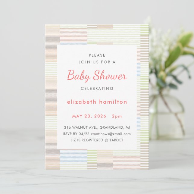 Invitación Pastel Stripes Patchwork Baby Shower Invitation (Anverso de pie)