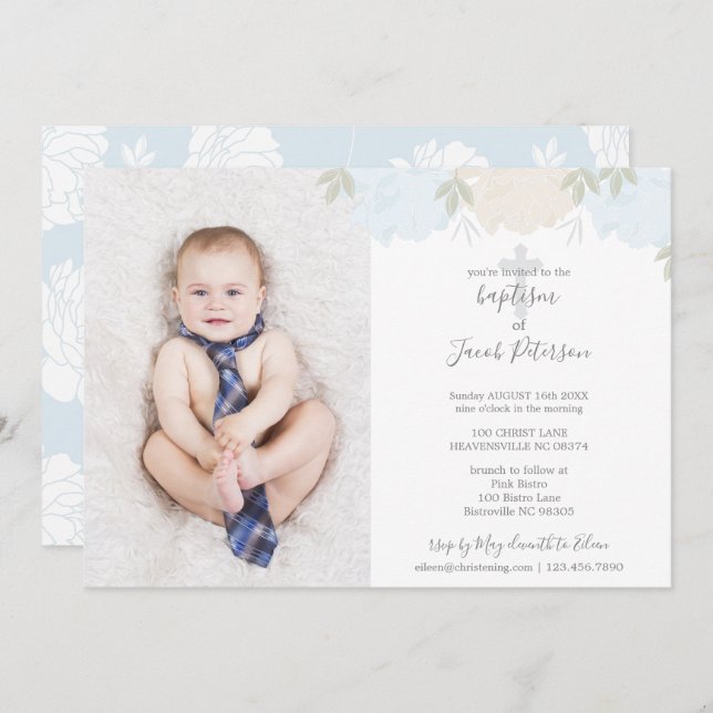 Invitación Pastel suave Blue Peonies Cross Boy Baptism (Anverso / Reverso)