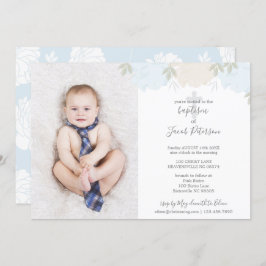 Invitación Pastel suave Blue Peonies Cross Boy Baptism
