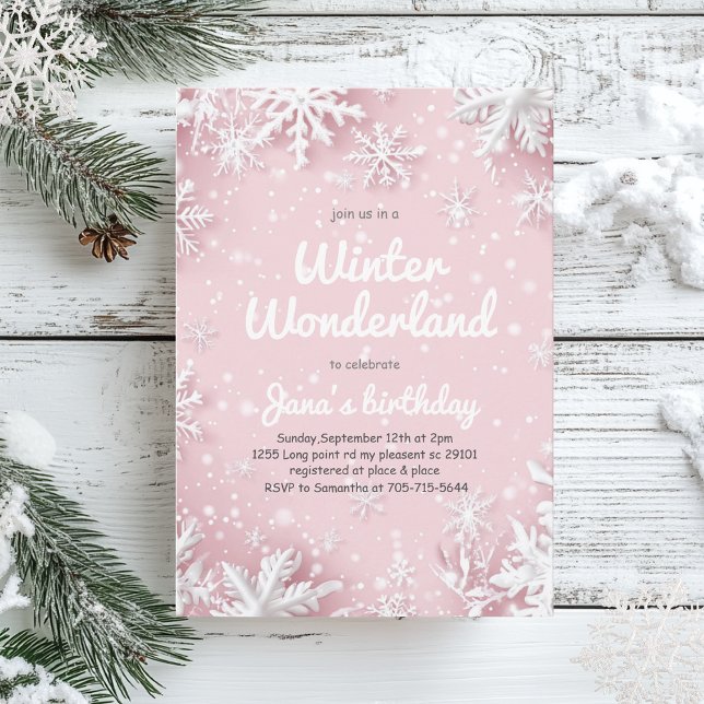 Invitación Pastel suave copos de nieve rosa invierno Wonderla (Subido por el creador)