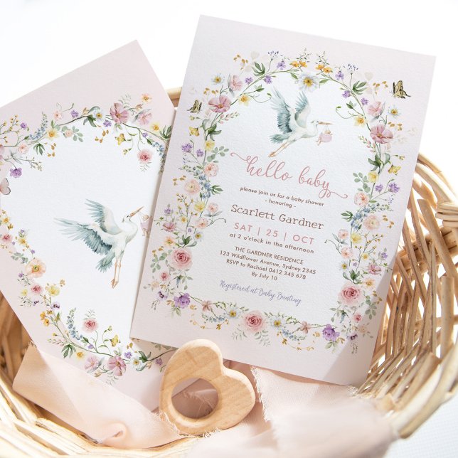 Invitación Pastel suave de flores silvestres Stork Baby Showe (Subido por el creador)