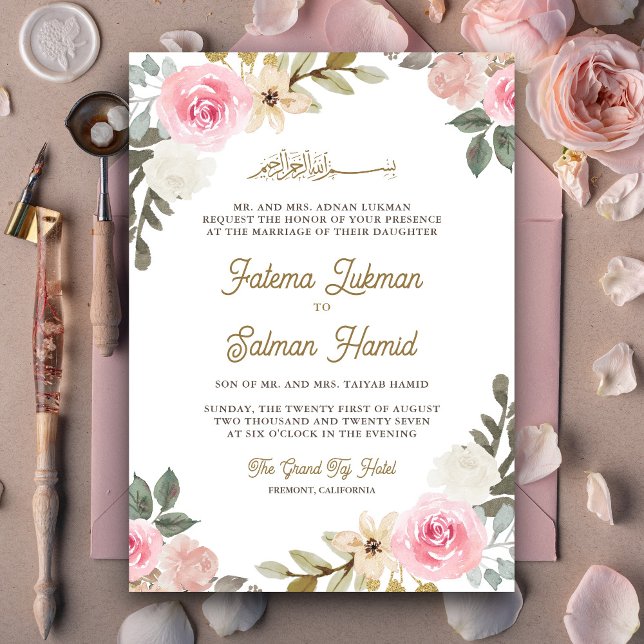 Invitación Pastel suave Floral rosa Boda musulmana islámica (Subido por el creador)