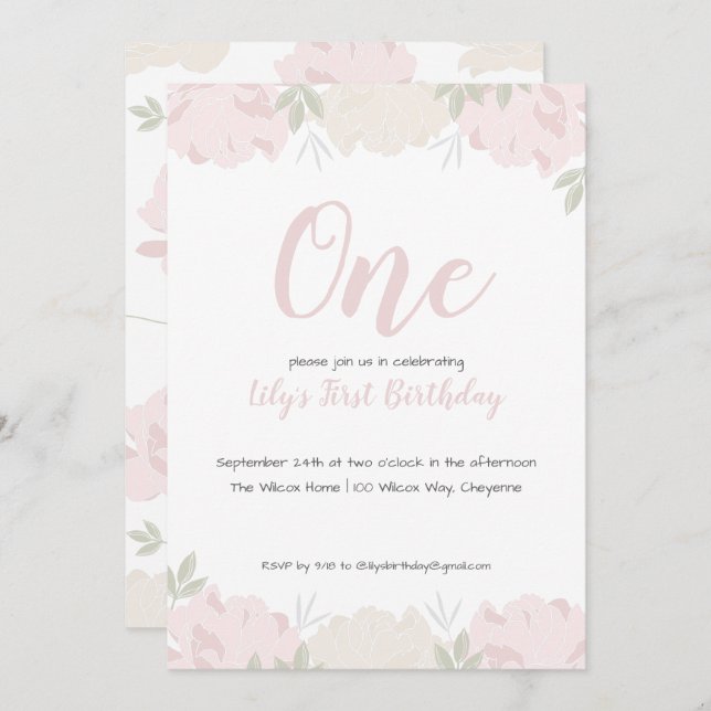Invitación Pastel suave Peonies Fiesta de primer cumpleaños d (Anverso / Reverso)