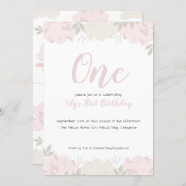 Invitación Pastel suave Peonies Fiesta de primer cumpleaños d