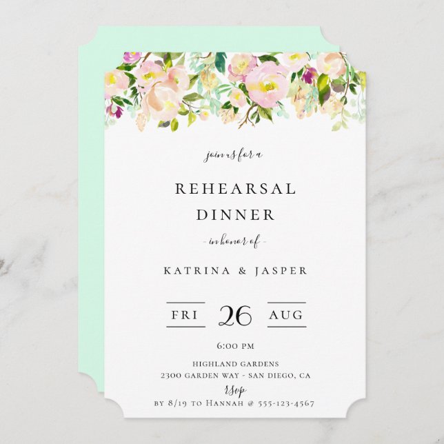 Invitación Pastel Summer Floral Ensayo Cena (Anverso / Reverso)