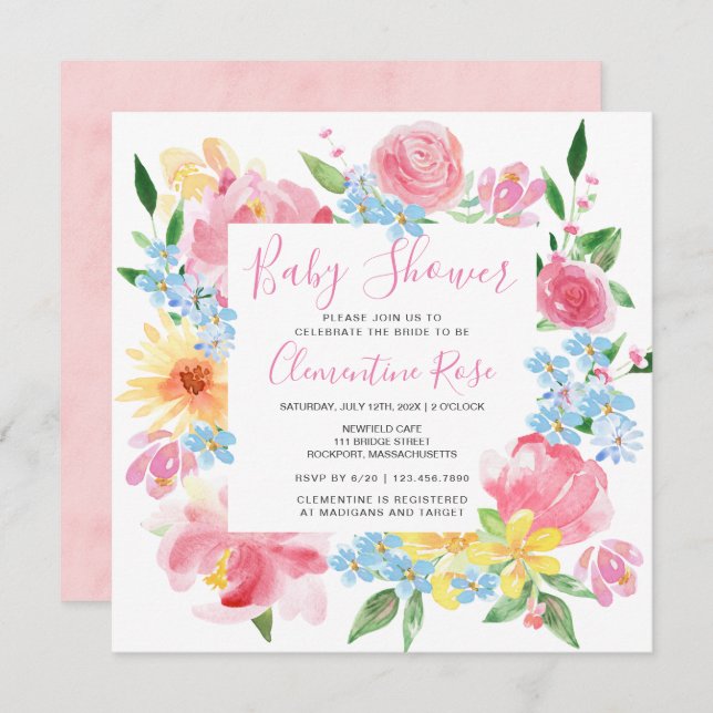 Invitación Pastel Summer Pink Yellow Floral Baby Shower (Anverso / Reverso)