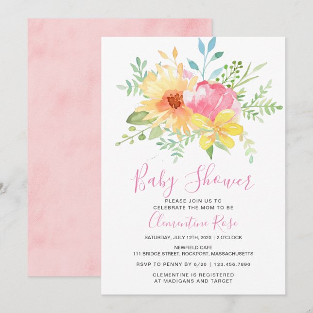 Invitación Pastel Summer Pink Yellow Floral Baby Shower (Anverso / Reverso)