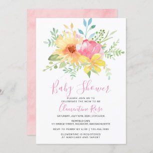 Invitación Pastel Summer Pink Yellow Floral Baby Shower