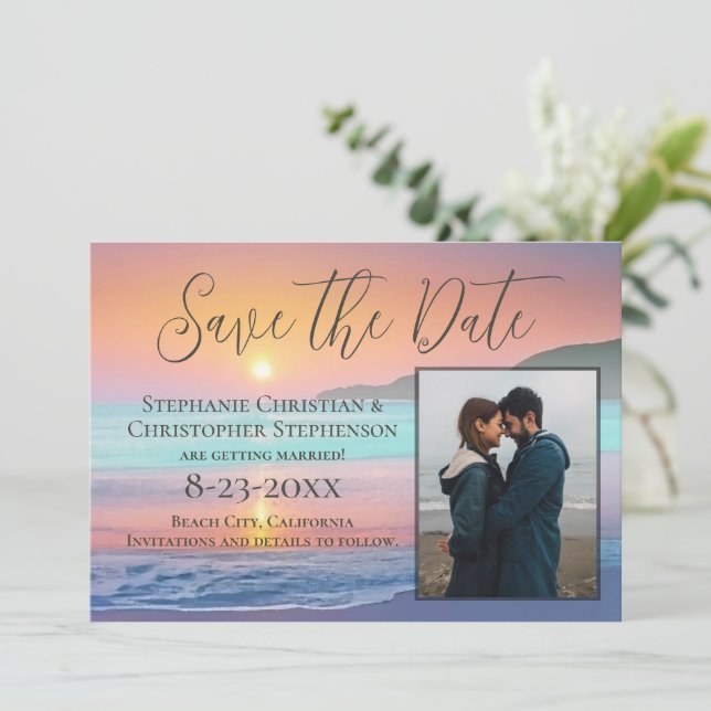 Invitación Pastel Sunset Destination Beach Save the Date (Anverso de pie)