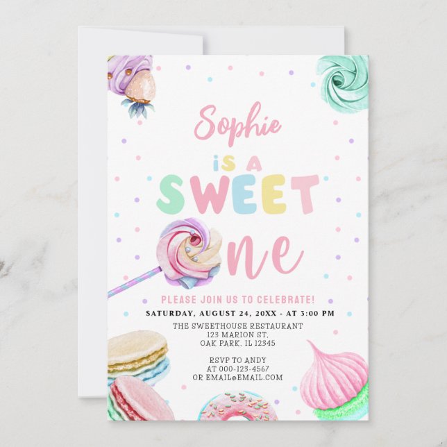 Invitación Pastel Sweets Donut & Candy First Birday (Anverso)