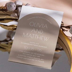 Invitación Pastel taupe moderno boda de arco tipográfico + QR