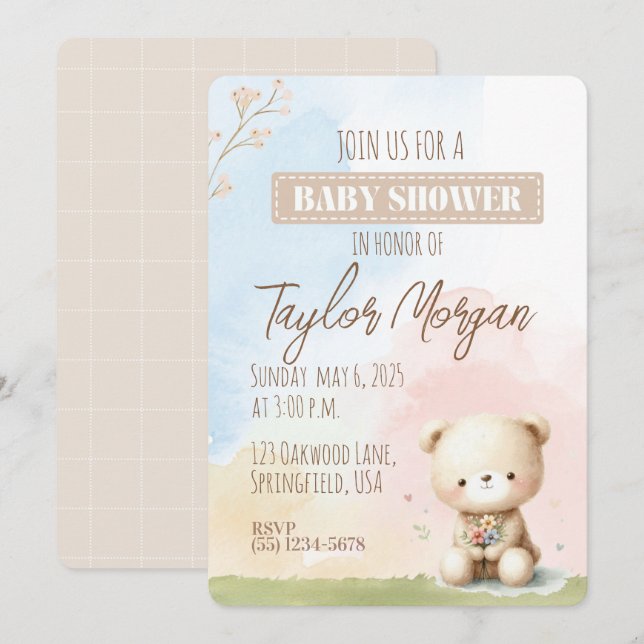 Invitación Pastel Teddy Bear  (Anverso / Reverso)