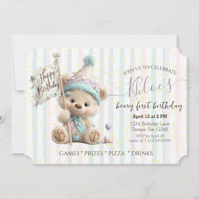 Invitación Pastel Teddy Bear Birthday  (Anverso)