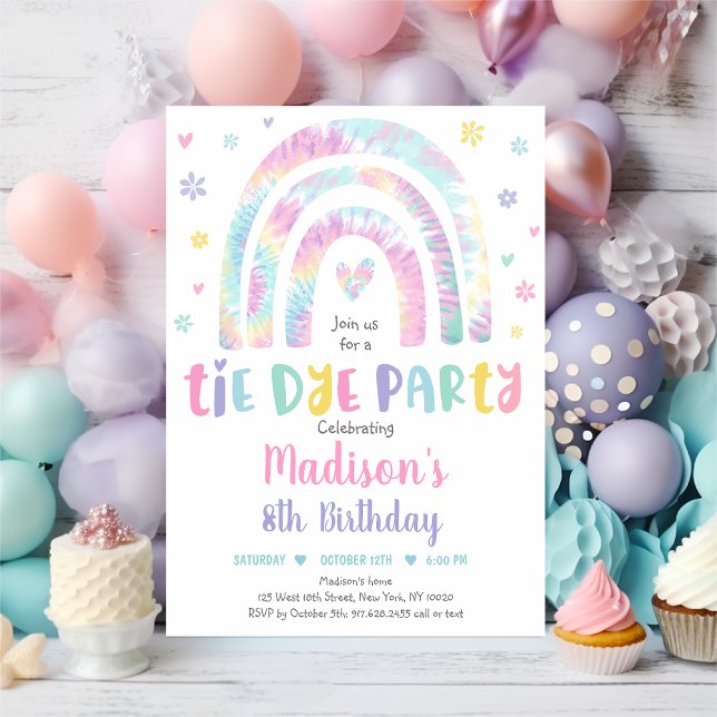 Invitación Pastel Tie Dye Rainbow Boho Hippie Chicas Cumpleañ (Subido por el creador)