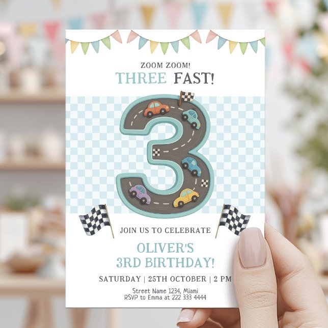 Invitación Pastel Tres Cumpleaños Coche Rápido (Subido por el creador)