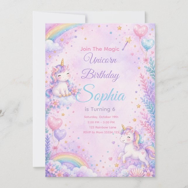 Invitación Pastel Unicorn Birthday Invitation Editable (Anverso)