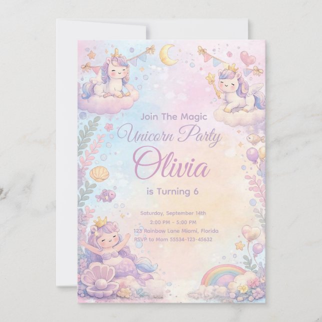 Invitación Pastel Unicorn Birthday Invitation Editable (Anverso)