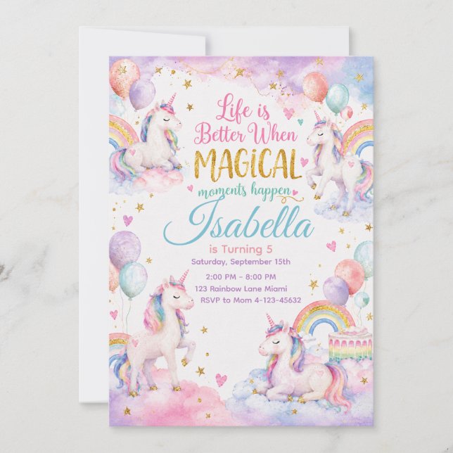 Invitación Pastel Unicorn Birthday Invitation Template Cool (Anverso)