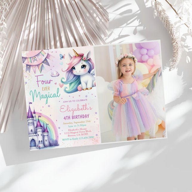Invitación Pastel Unicorn Cuatro Fotos de Cumpleaños Magnífic (Subido por el creador)