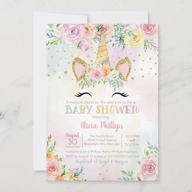 Invitación Pastel Unicorn Floral Baby Shower (Anverso)