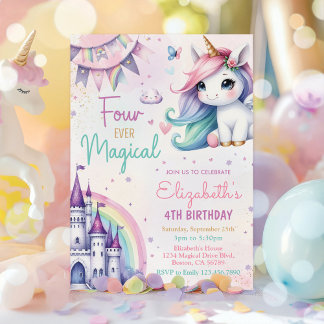Invitación Pastel Unicornio Cuatro Años Mágicos