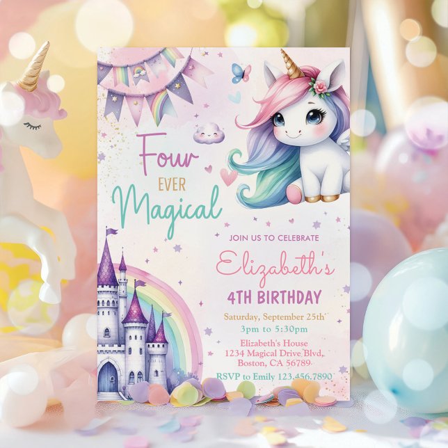 Invitación Pastel Unicornio Cuatro Años Mágicos (Subido por el creador)