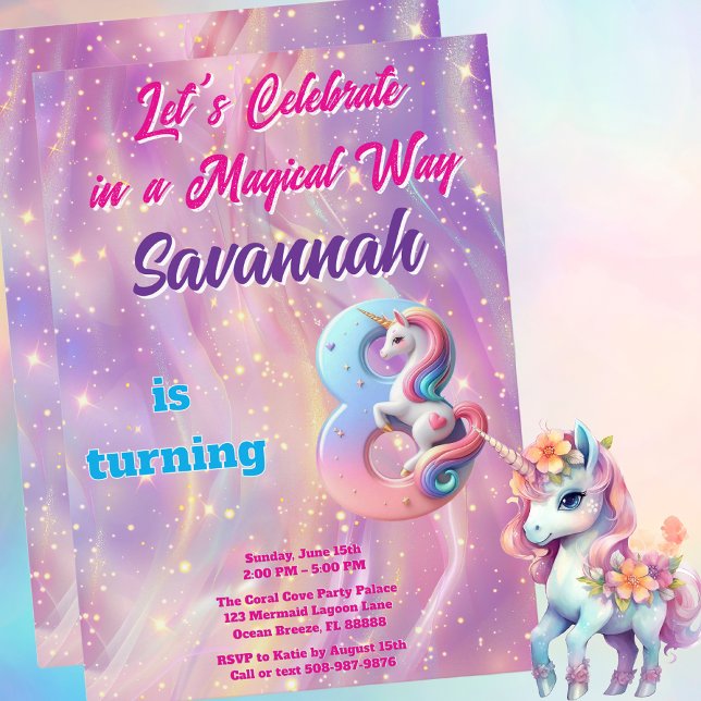 Invitación Pastel Unicornio mágico 8 cumpleaños (Magical Unicorn Birthday Party Invitation)