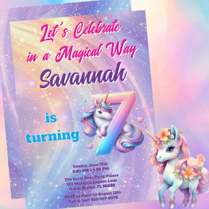 Invitación Pastel Unicornio Magico Séptimo Fiesta de Cumpleañ