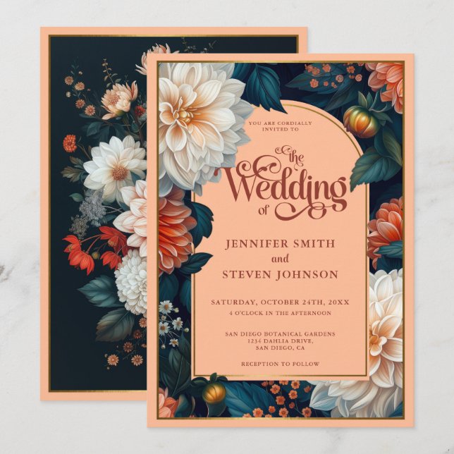 Invitación Pastel verde esmeralda Peach Dahlia Autumn Boda (Anverso / Reverso)