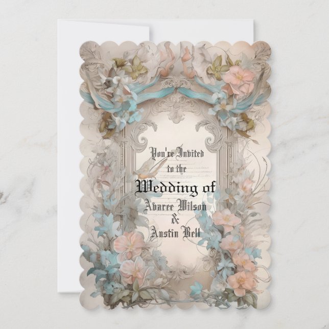 Invitación Pastel Victoriano Rosa Azul Floral (Anverso)
