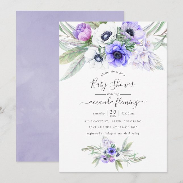 Invitación Pastel Violet Floral Baby Shower (Anverso / Reverso)