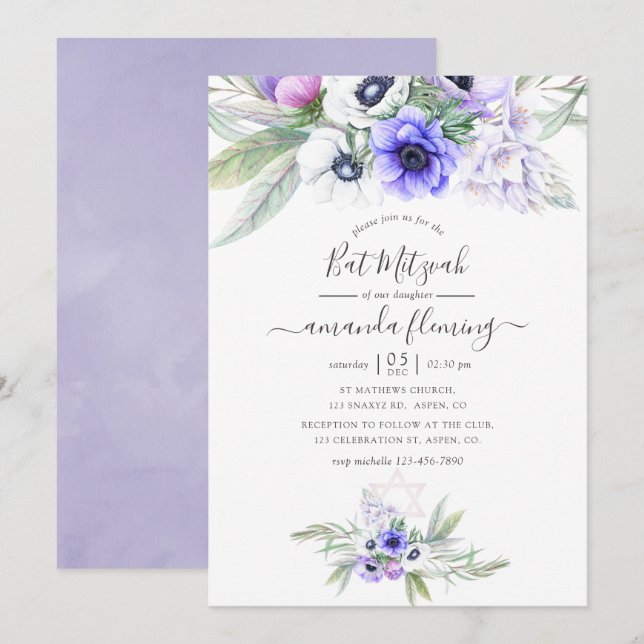 Invitación Pastel Violet Floral Bat Mitzvah (Anverso / Reverso)