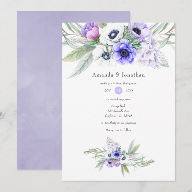 Invitación Pastel Violet Floral Boda (Anverso / Reverso)