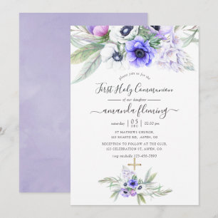 Invitación Pastel Violet Floral Primera Santa Comunión