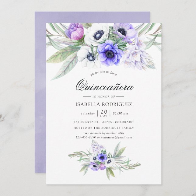 Invitación Pastel Violet Floral Quinceañera (Anverso / Reverso)