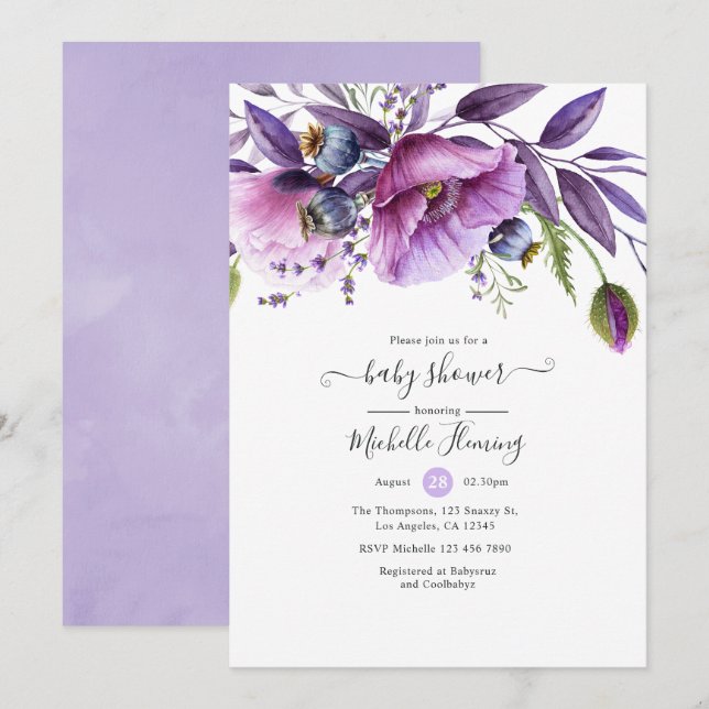 Invitación Pastel Violet Poppy Floral Baby Shower (Anverso / Reverso)