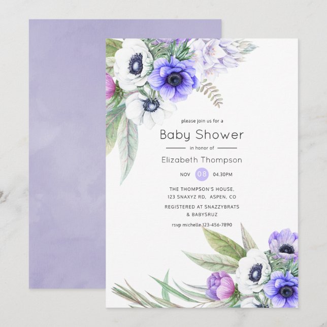 Invitación Pastel Violet y Plum Floral Baby Shower (Anverso / Reverso)