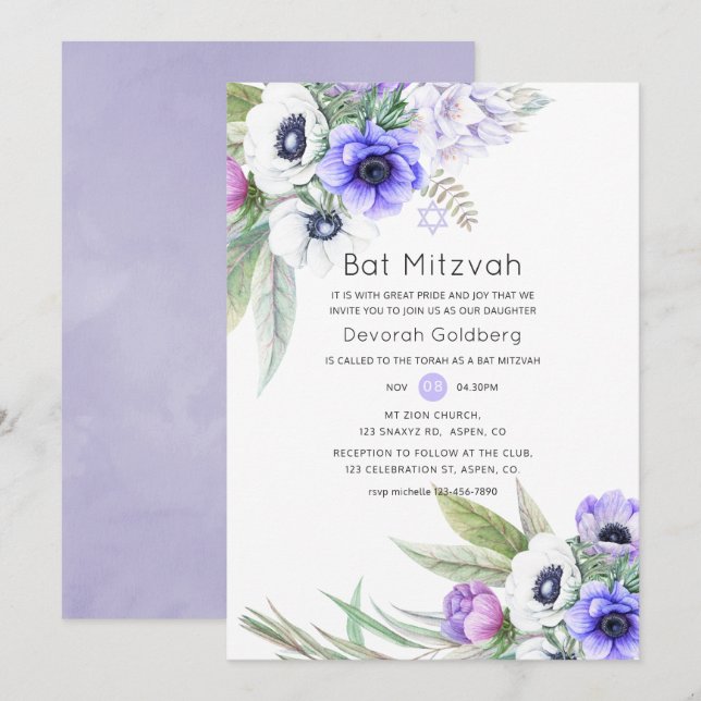 Invitación Pastel Violet y Plum Floral Bat Mitzvah (Anverso / Reverso)
