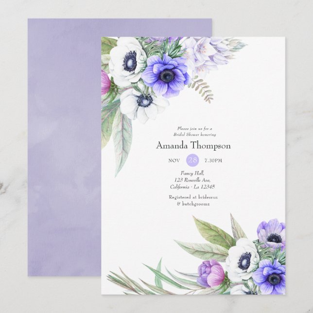 Invitación Pastel Violet y Plum Floral Bridal Shower (Anverso / Reverso)